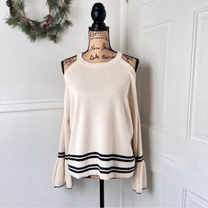 Anthropologie Knitted & Knotted Cold Shoulder Striped Bell Sleeve Sweate…